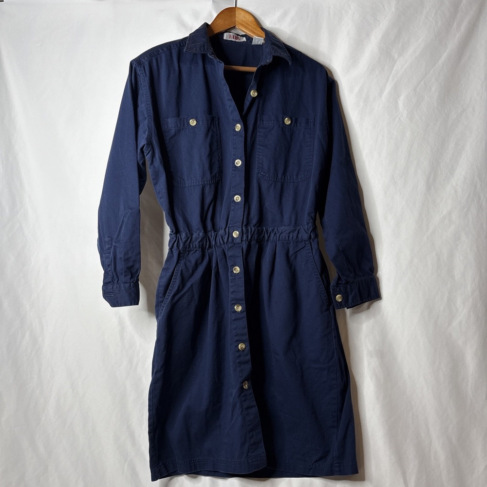 Vintage 90s FADS Womens Dress Size L Dark Blue Button Down Elastic Waist Pockets